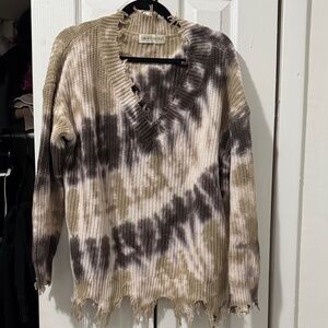 Zara Tie Dye V-Neck Frayed Hem Sweater